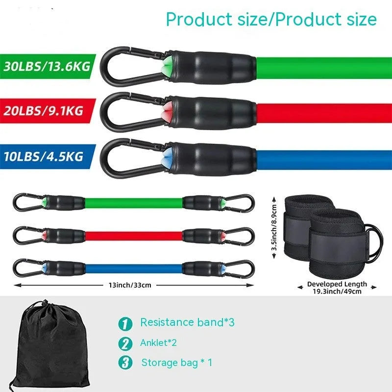 Set of three coloured TPE resistance bands with foot loops and storage bag for yoga and fitness.