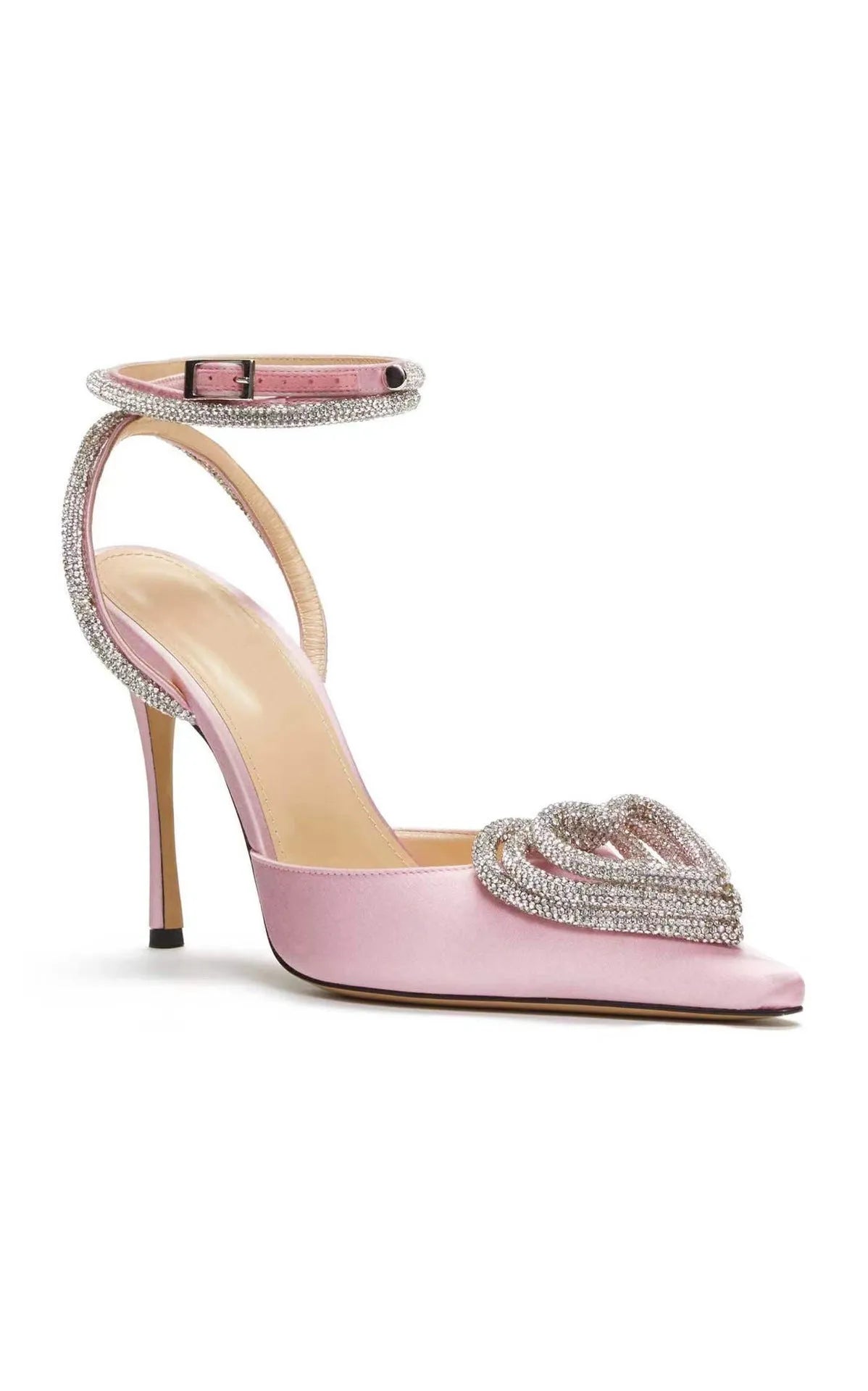 Women's pink satin sandals with heart-shaped rhinestone toe holders and adjustable cross straps on a white background.
