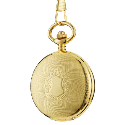 Retro mechanical pocket watch with floral print dial and transparent case back showing movement