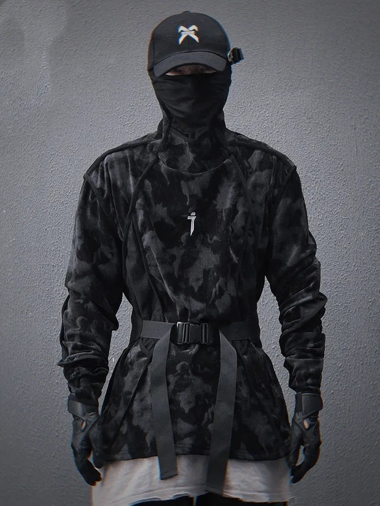 Men's black tie dye printed finger turtleneck sweater with drop-shoulder sleeves