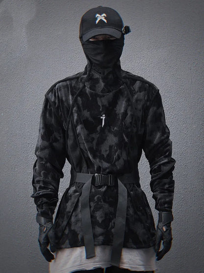 Men's black tie dye printed finger turtleneck sweater with drop-shoulder sleeves