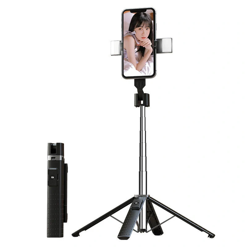 Aluminium alloy quadrupod selfie stick with dual fill lights and Bluetooth compatibility