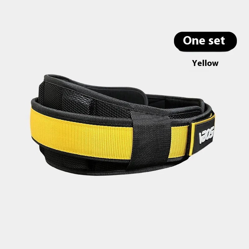 Adjustable waist support belt for weightlifting and squat training, available in black, red, or yellow