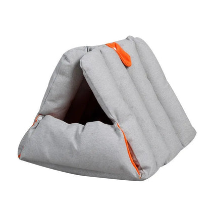Blue triangular cat bed with drilled connectors and removable cotton cover