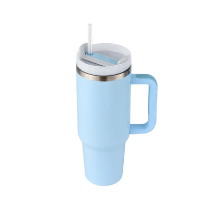 40oz stainless steel tumbler with handle and straw in various colour options showing tapered shape and spill-proof lid