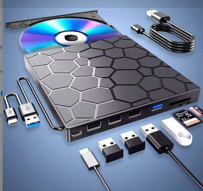 Black external USB CD drive burner with compact dimensions for portable disc reading and writing.