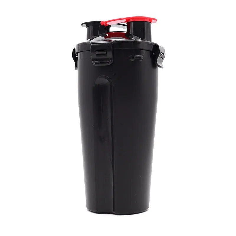 White portable pet water and food cup with separate compartments, shown with blue lid.