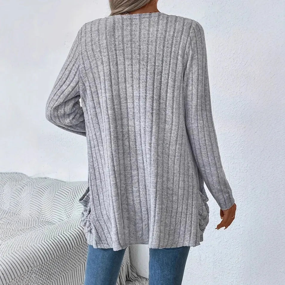 Men's solid grey loose-fitting long sleeve cardigan with side pockets