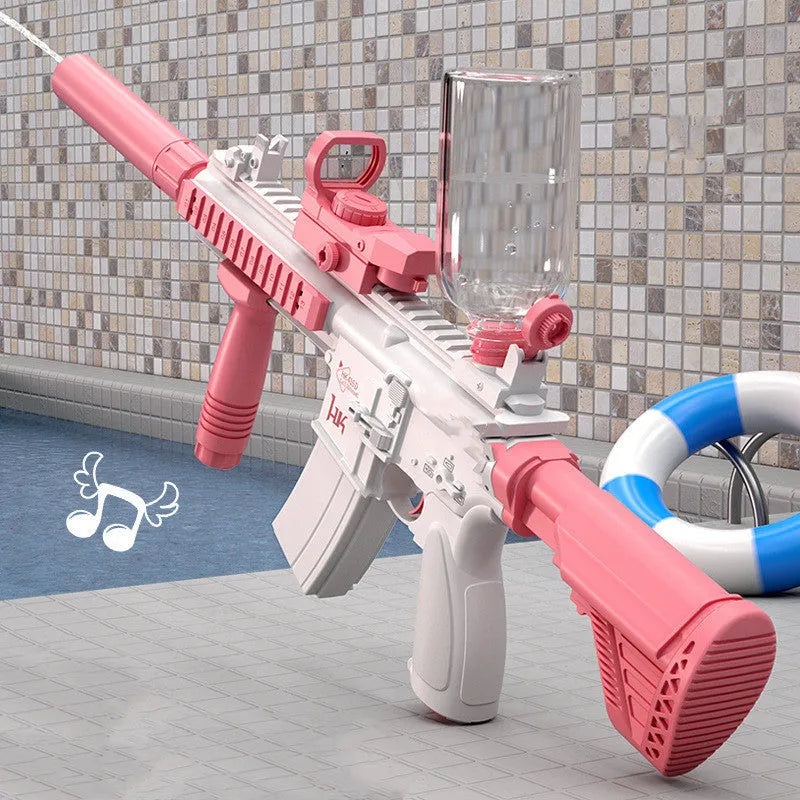 Fully automatic electric water gun for summer party games, a rechargeable USB-powered continuous firing long-range water blaster toy for kids, made from ABS plastic in blue or pink colour with M416 or Space Water Gun style