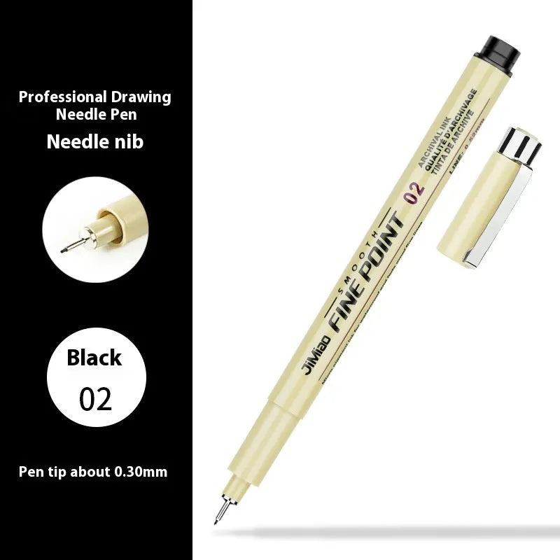Waterproof black ink needle pen with cartoon syringe drawing on its 133mm plastic body.