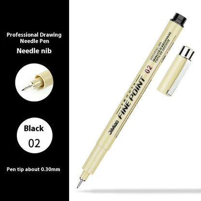 Waterproof black ink needle pen with cartoon syringe drawing on its 133mm plastic body.
