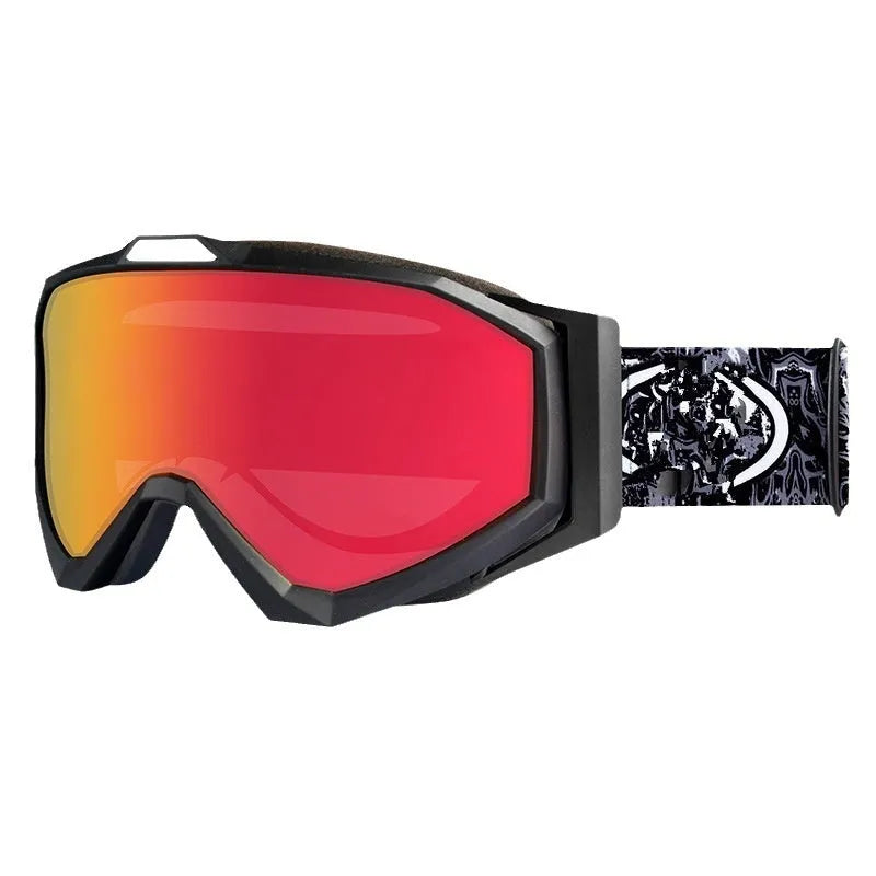 Motorcycle goggles with double-layer anti-fog lens and coloured TPU frame on a storage cloth bag.