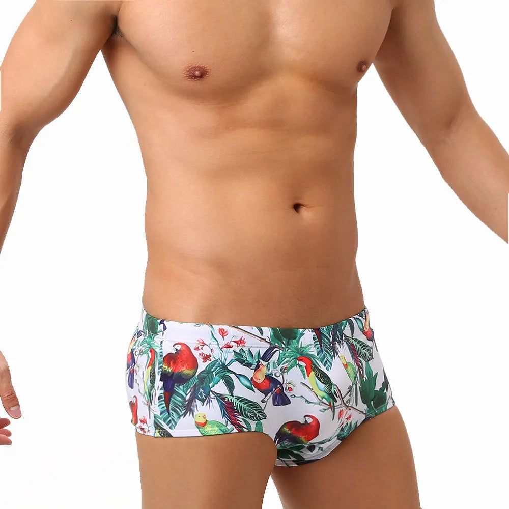 Men's flower-bird print nylon swimming trunks with cup cover in boxer brief style