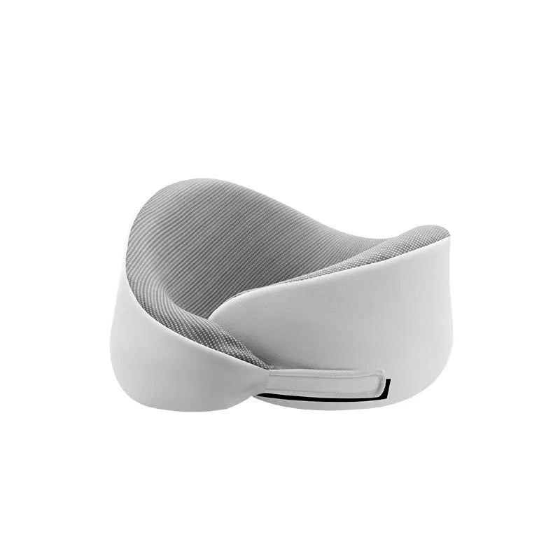 Light grey memory foam U-shaped neck pillow with a magnetic cloth protector.