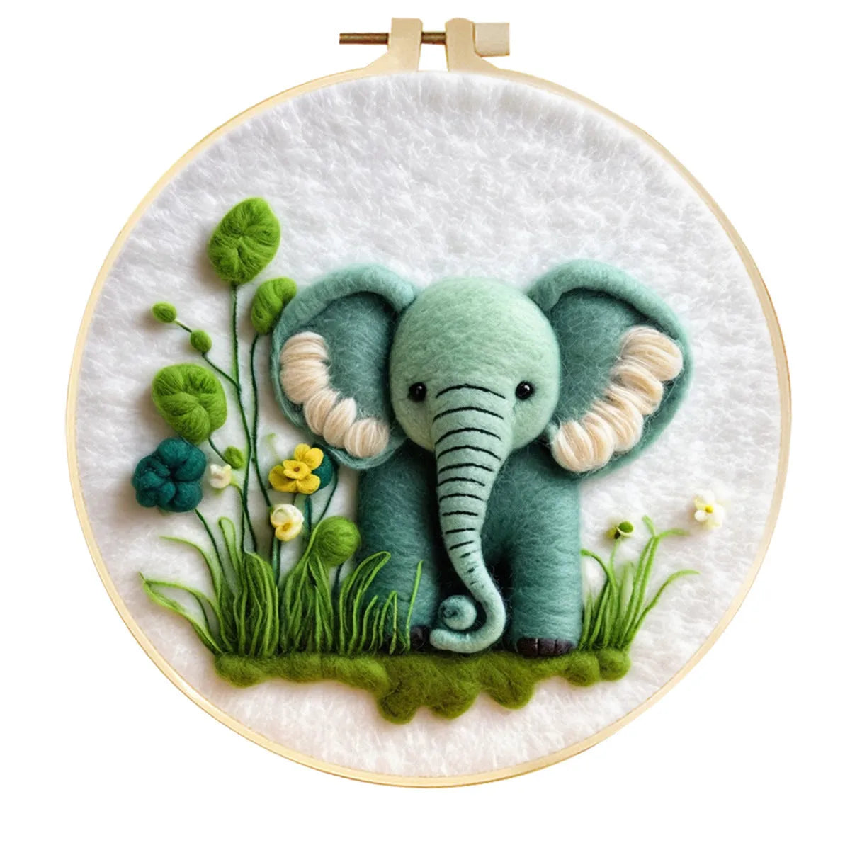 Round three-dimensional embroidery kit with linen fabric, wool felt pieces, and embroidery frame for 20x20 cm blanket painting