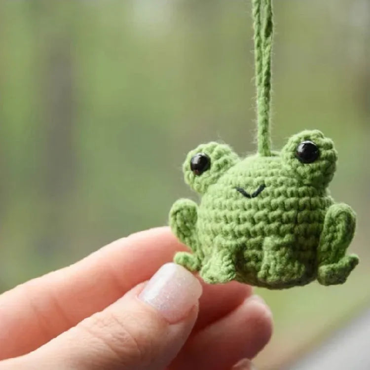 Handmade woven plush frog car pendant in green, 5cm wide by 15cm long