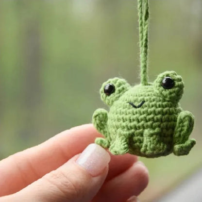 Handmade woven plush frog car pendant in green, 5cm wide by 15cm long
