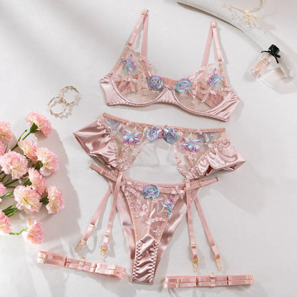 Light purple satin four-piece lingerie set with embroidery, shown with champagne colour option.