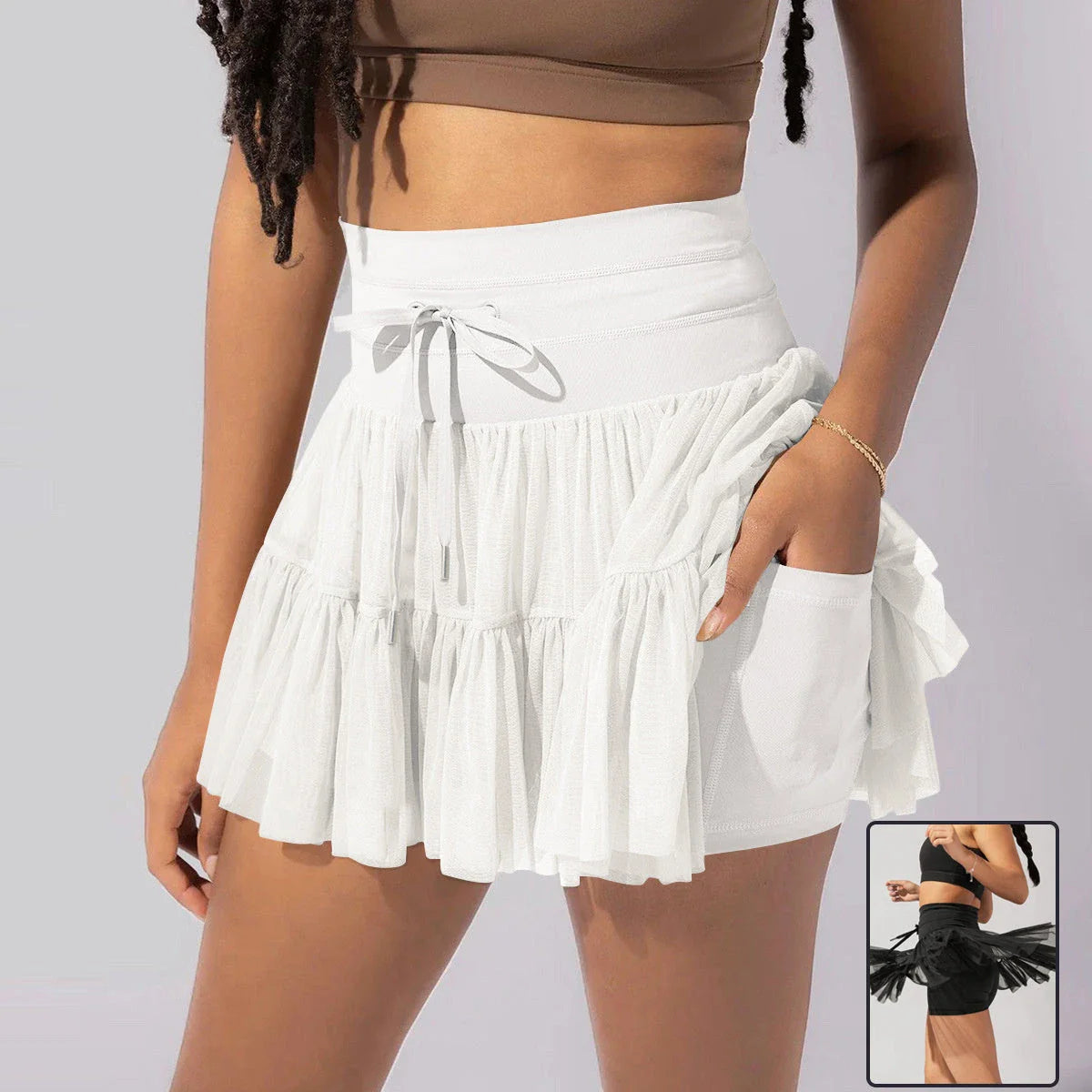 Stylish high-waist pleated skirt with lace-up accents in various colors, including black, gray, blue, apricot, pink, white, and purple