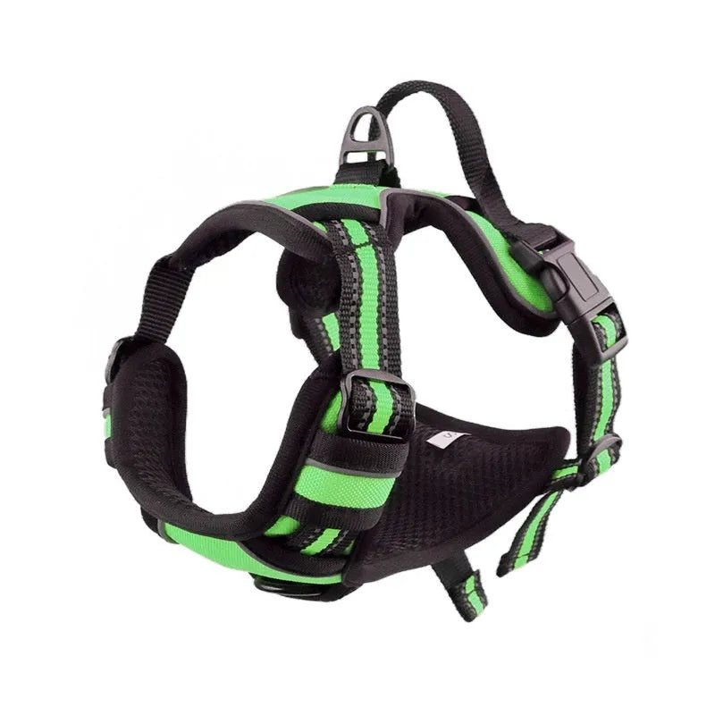 Adjustable Oxford cloth dog chest harness shown in multiple colours including red, blue, and green.