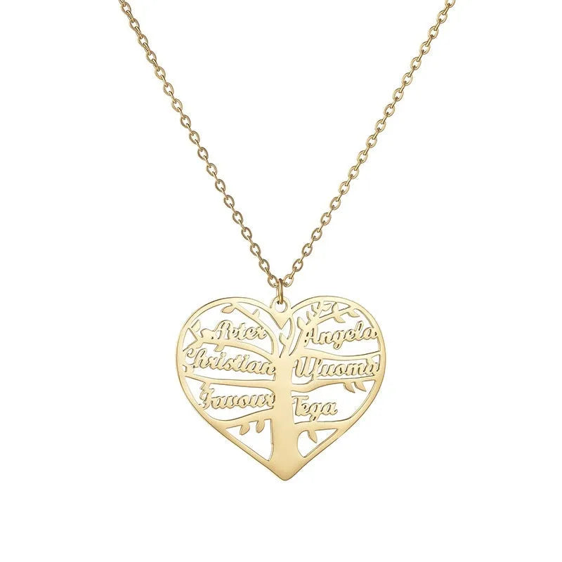Personalised heart tree necklace with custom name engraving in titanium steel