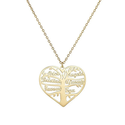 Personalised heart tree necklace with custom name engraving in titanium steel