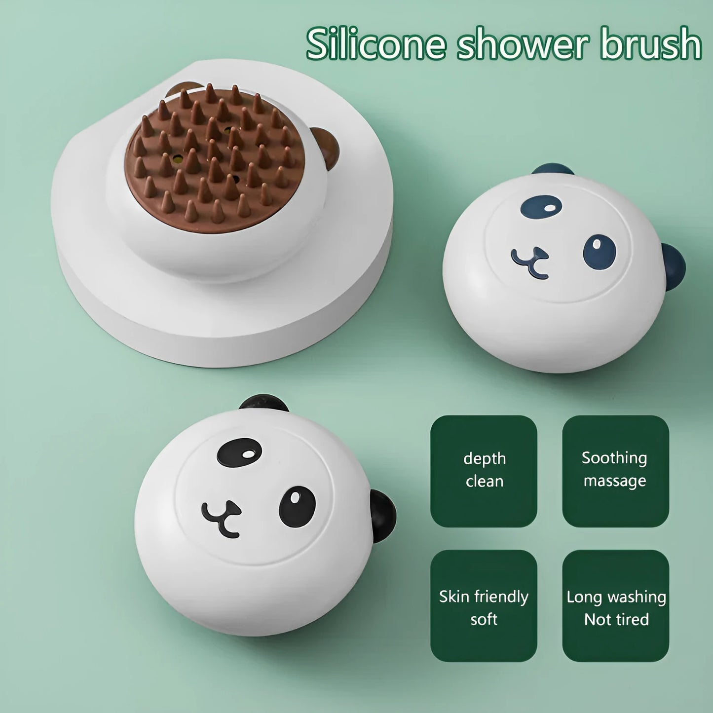 Panda-shaped silicone pet shower brush for dogs and cats in black colour with soft massage bristles