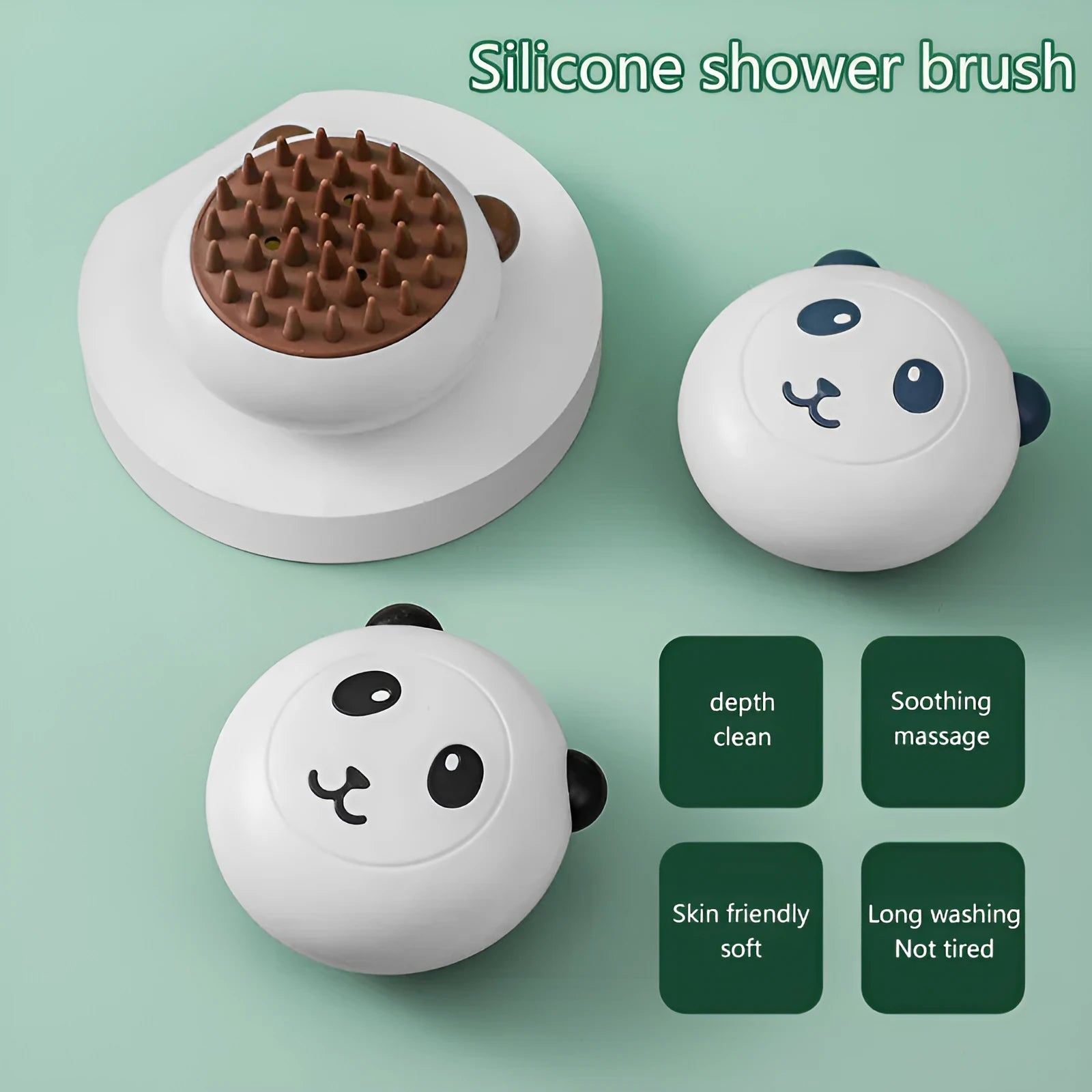 Panda-shaped silicone pet shower brush for dogs and cats in black colour with soft massage bristles