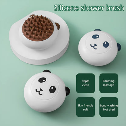 Panda-shaped silicone pet shower brush for dogs and cats in black colour with soft massage bristles