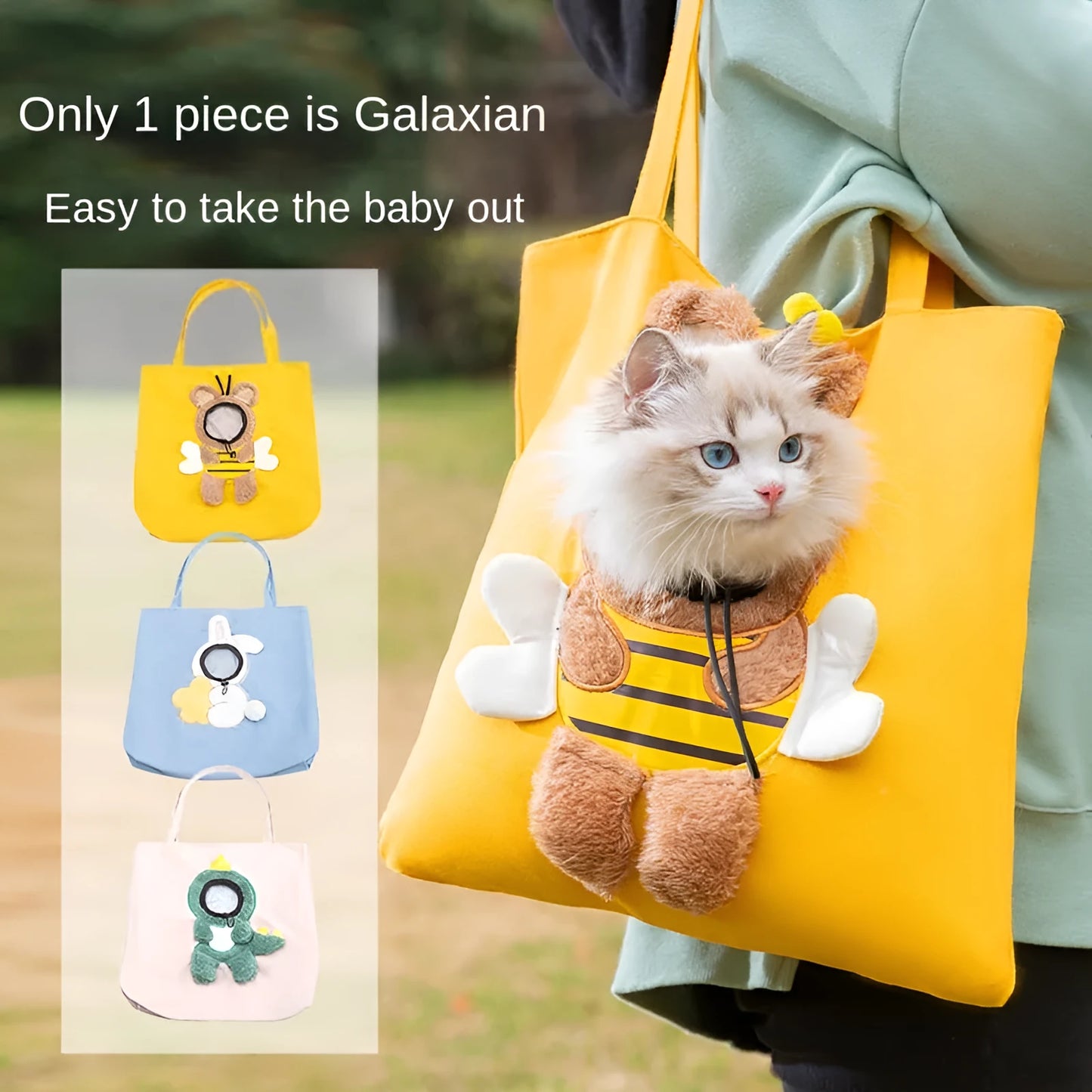 Little Bee Design blue canvas pet carrier bag with animal pattern, showing adjustable side opening for a pet's head.