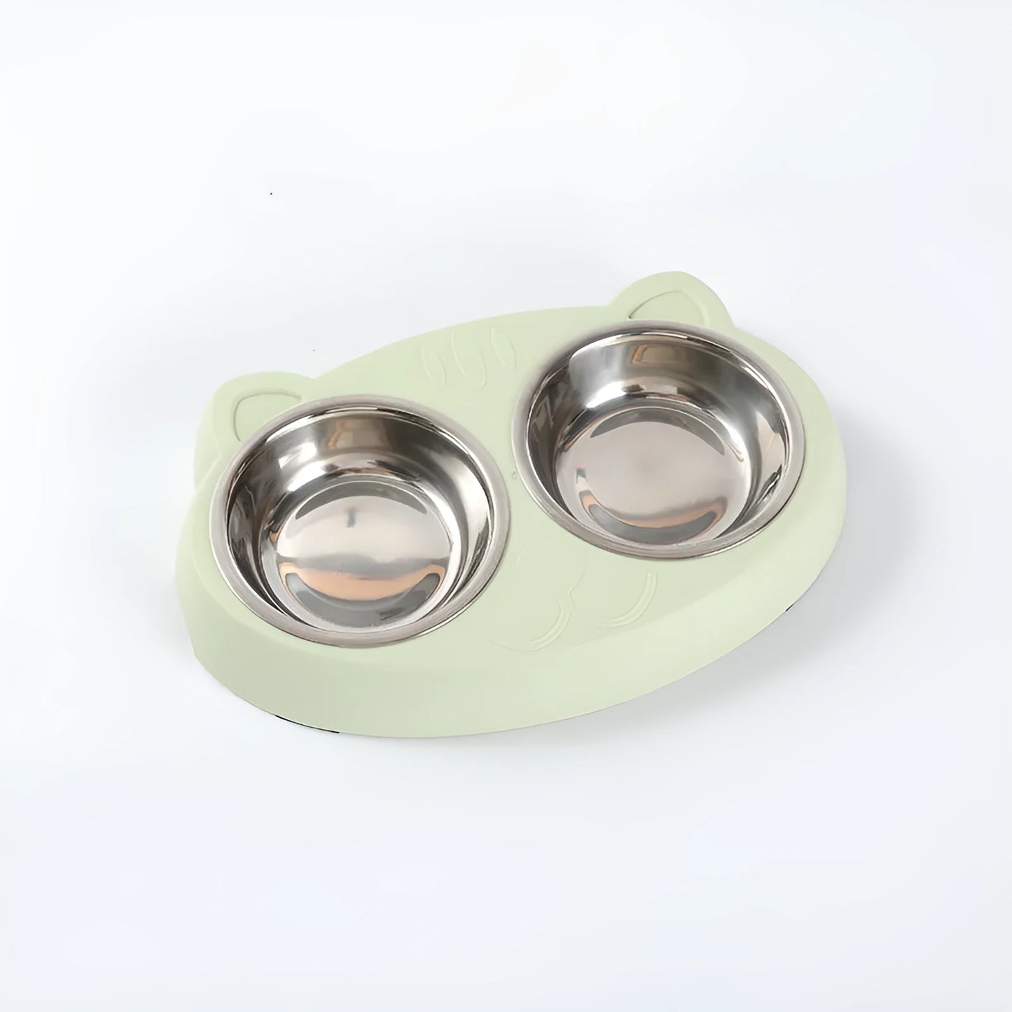 Blue macaron-shaped plastic pet feeder with two food bowls.