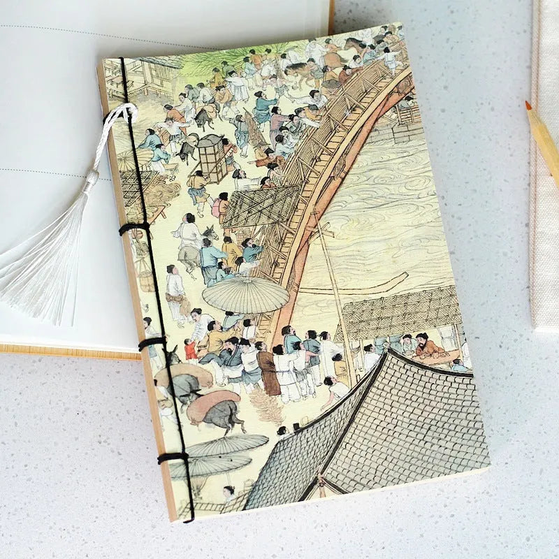 A5 antique wire-bound notebook with classical artwork cover, black oil wax rope binding, and decorative tassels
