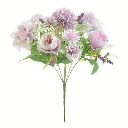 Combination artificial hydrangea flower arrangement in silk and plastic, shown in one of five available colours.