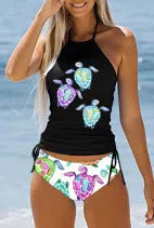 Conservative European and American women's colourful split pattern swimsuit for swimming.