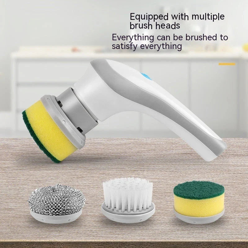 Cordless rechargeable electric cleaning brush with interchangeable brush heads for powerful scrubbing and versatile cleaning