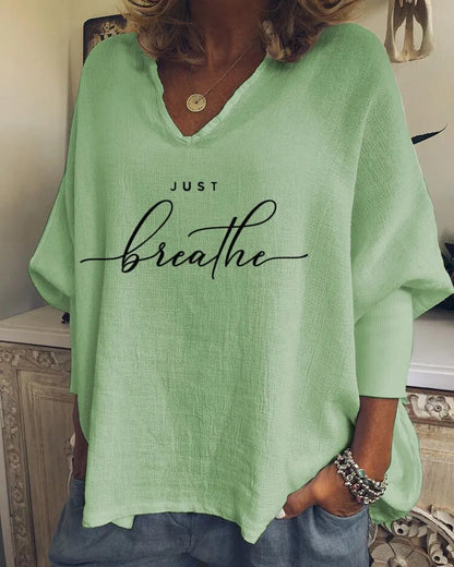 Women's loose fit V-neck long sleeve top in brushed milk silk with digital printing pattern