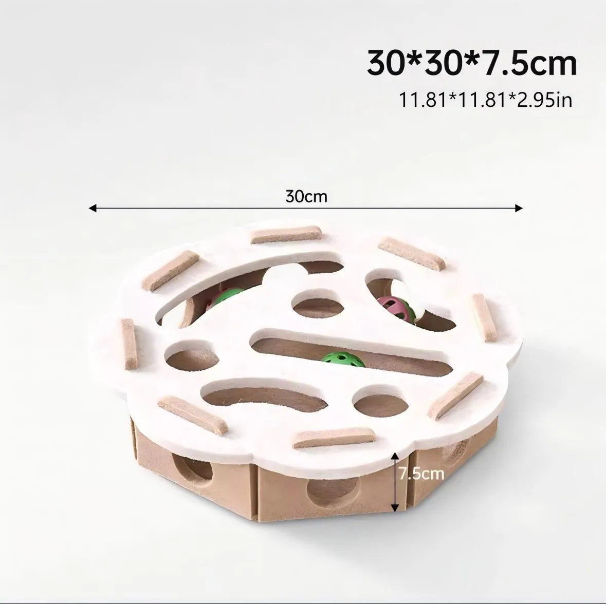 Interactive felt cat puzzle toy with maze tunnel, pathways, and bell ball, available in Circle or Square shape and four colours.
