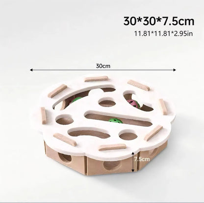 Interactive felt cat puzzle toy with maze tunnel, pathways, and bell ball, available in Circle or Square shape and four colours.