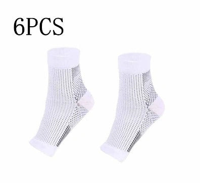 Anti-fatigue compression foot sleeve in black, red, or white, featuring moisture-wicking fabric and a heel hole for breathability.