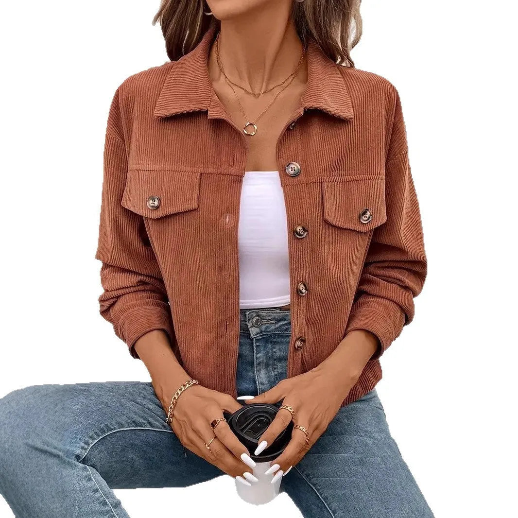 Women's retro artistic long sleeve button shirt jacket in polyester, shown in apricot colour.