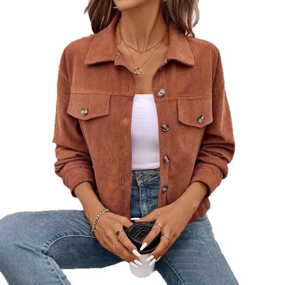Women's retro artistic long sleeve button shirt jacket in polyester, shown in apricot colour.