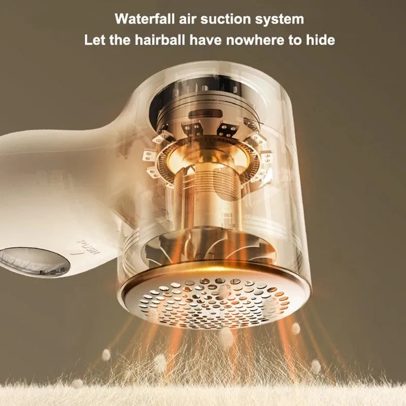 White electric lint remover with digital display showing six stainless steel blades and USB charging port