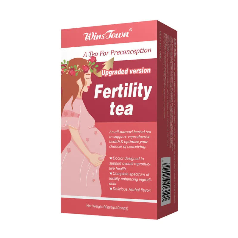 Box of Fertility Tea containing three packs of thirty herbal tea bags each.