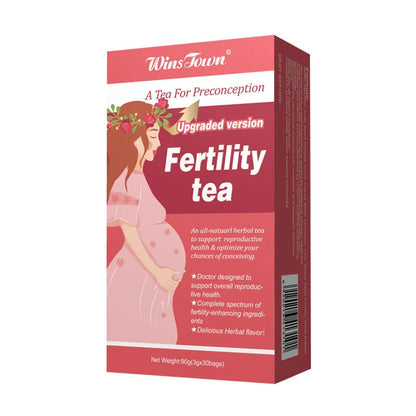 Box of Fertility Tea containing three packs of thirty herbal tea bags each.