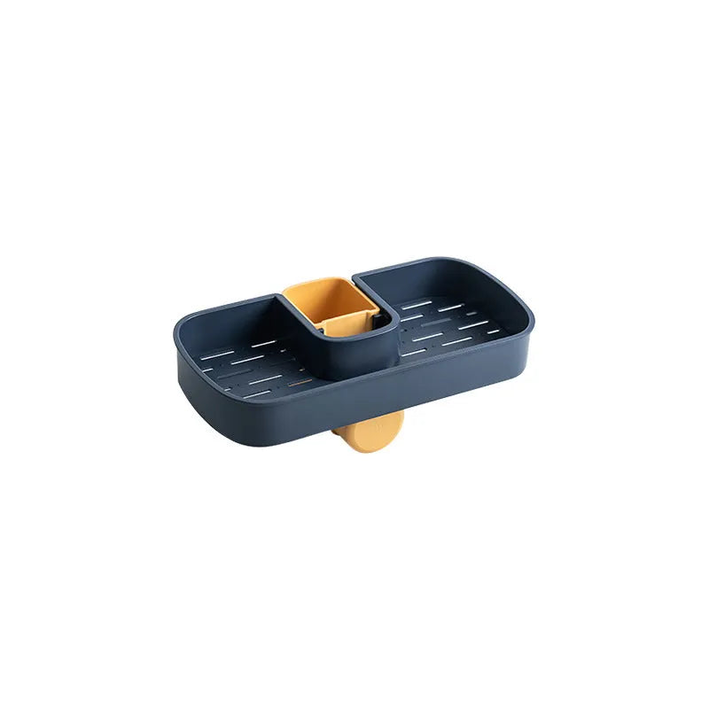 Blue adjustable sink shelf storage basket with soap sponge rack mounted on kitchen faucet