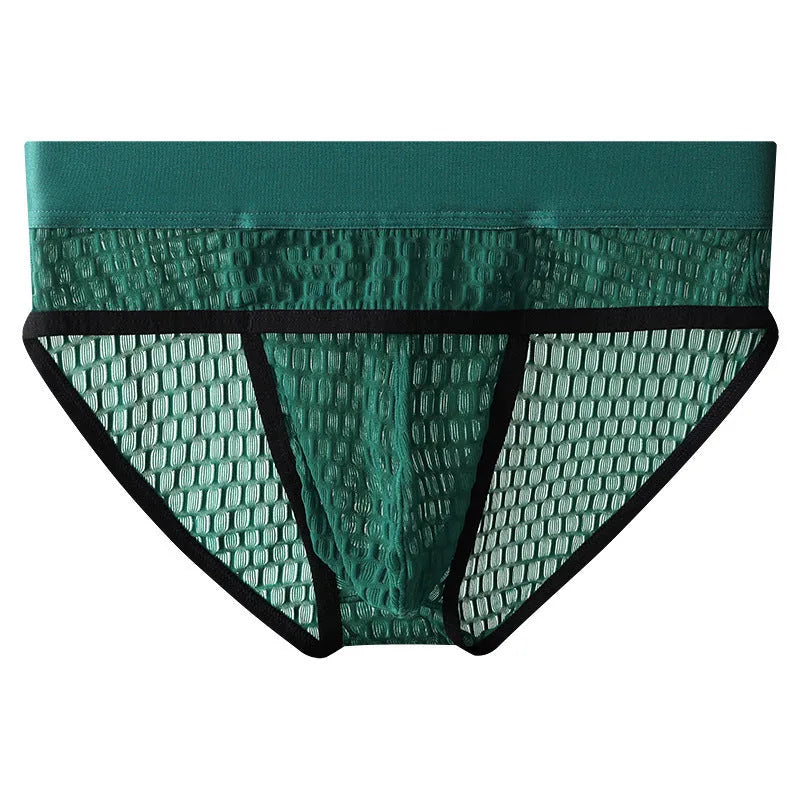 Men's solid colour lace briefs with mid-rise waist and U-pouch design