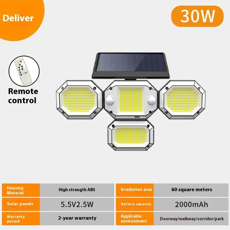 Multi-angle solar-powered garden lamp with motion sensor mounted outdoors