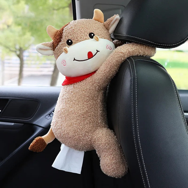 Plush animal design tissue box holder mounted on back of car seat