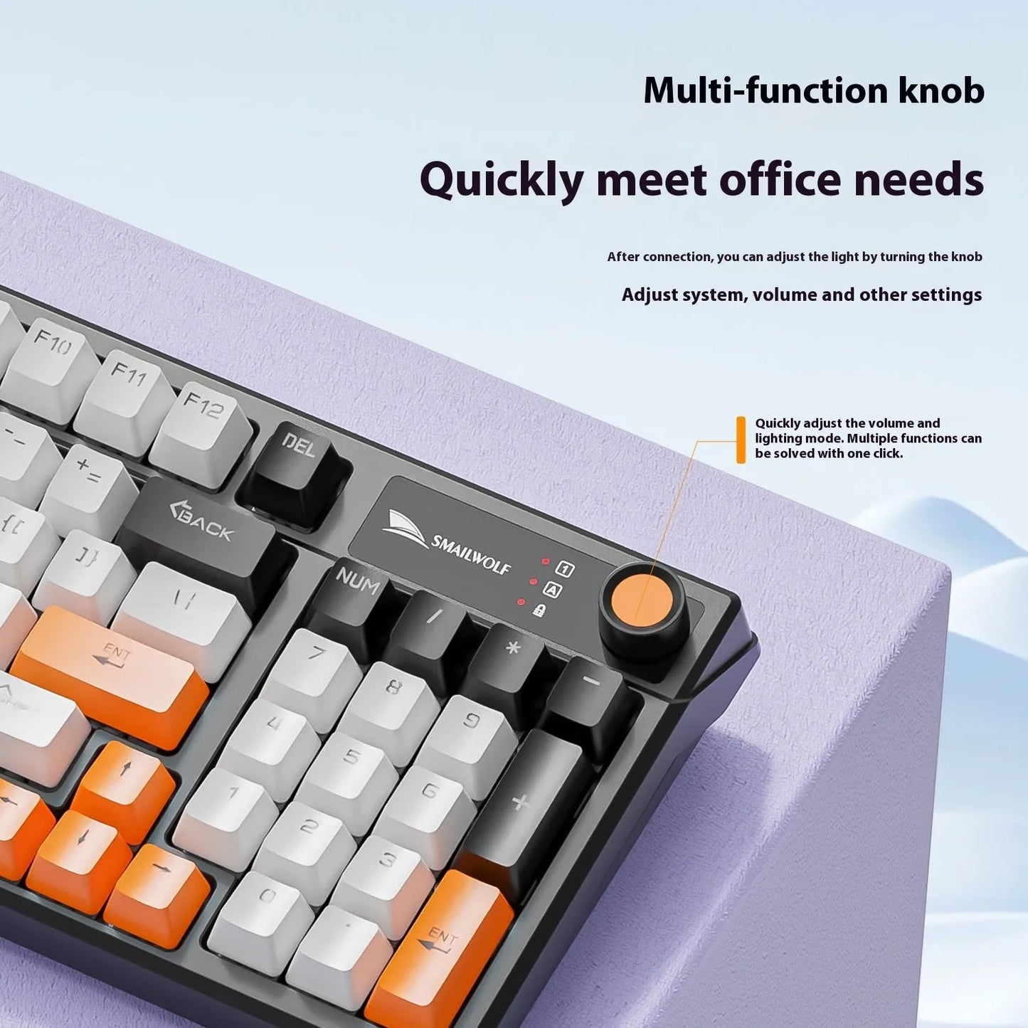 SK15 wired mechanical keyboard with rotary knob in choice of sunset orange, autumn water blue, or black colour for e-sports gaming