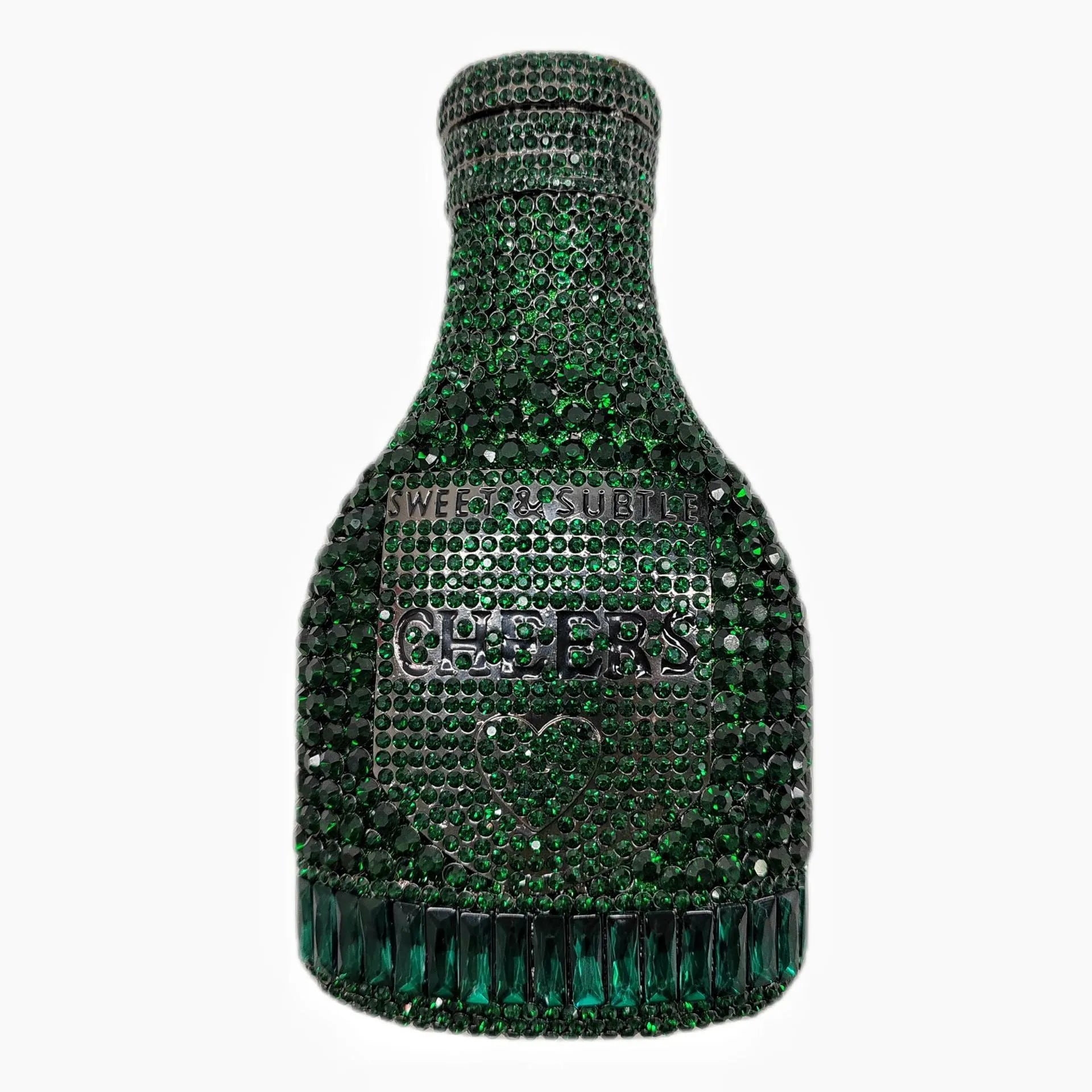 Gold hard-shell clutch bag shaped like a champagne bottle with a synthetic leather interior.